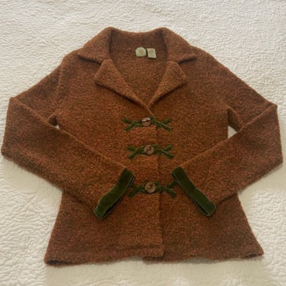 Anthropologie HWR Brown Orange Boucle Knit Green Velvet Trim Fitted Cardigan M